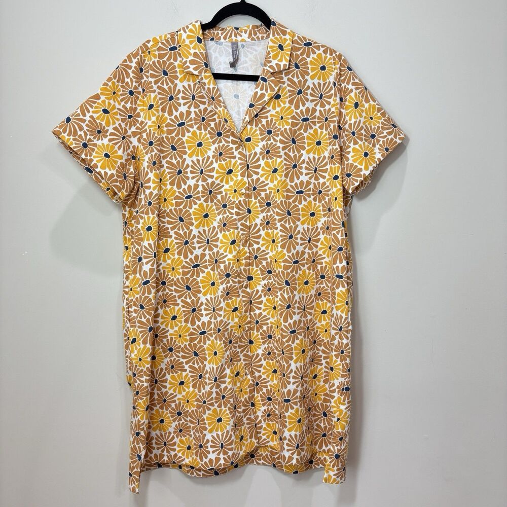 Mata Traders Camp Dress Shirt Women XL Yellow Sunny FLoral Retro Cotton Relaxed